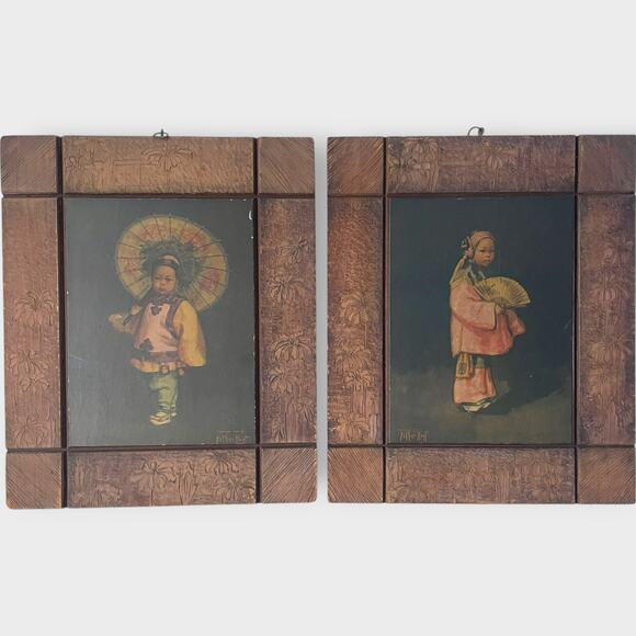 Antique Print 1903 Esther Hunt Chinese Girl Set Original Wood Frame Carved - Picture 13 of 13